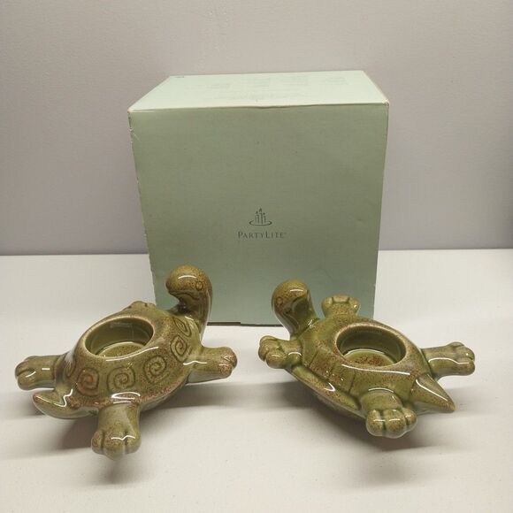 Partylite Floating Turtles Tealight Holders Green Ceramic Retired Beachy Sealife - Picture 1 of 16